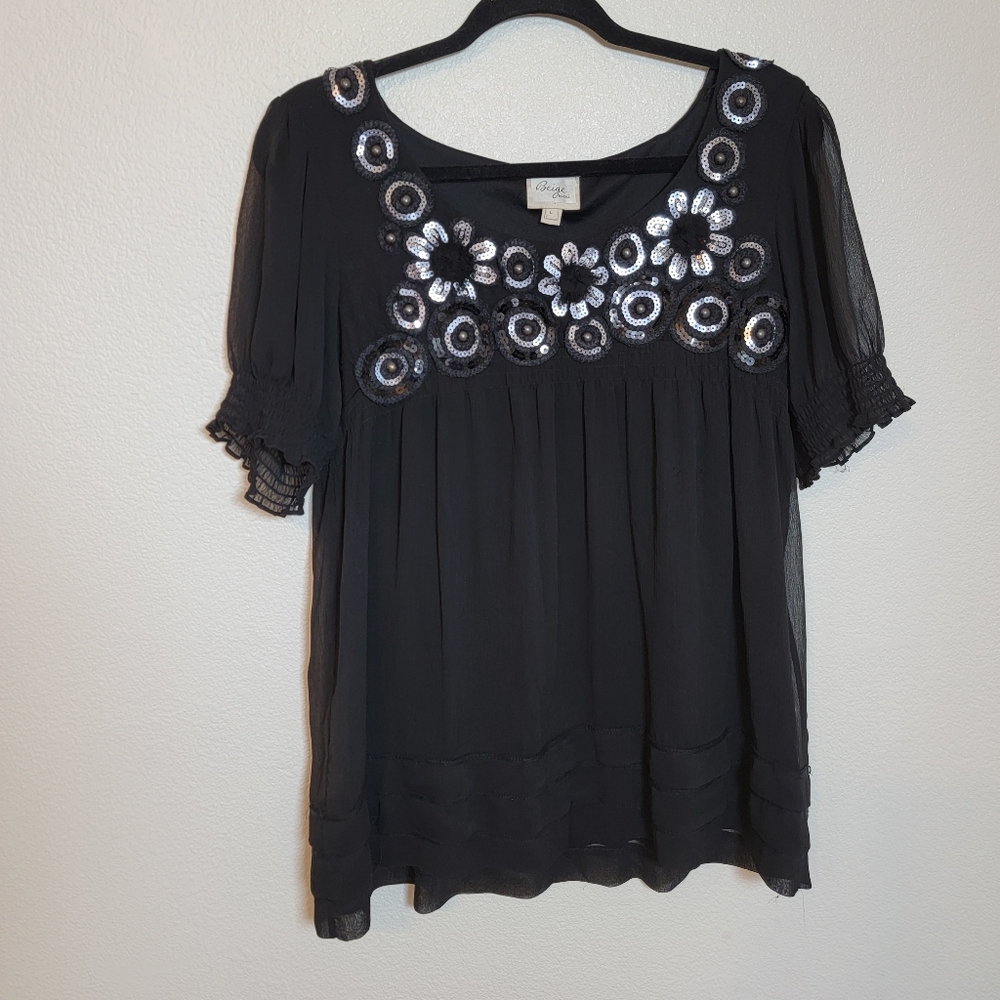 Beige By ECI Black Short Sleeve Sheer Blouse Sz L